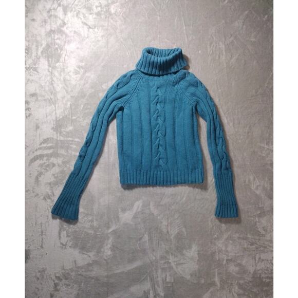 Teal Cable Chain Knit Turtleneck Cashmere Sweater Womens Medium by Laundry - Picture 1 of 8